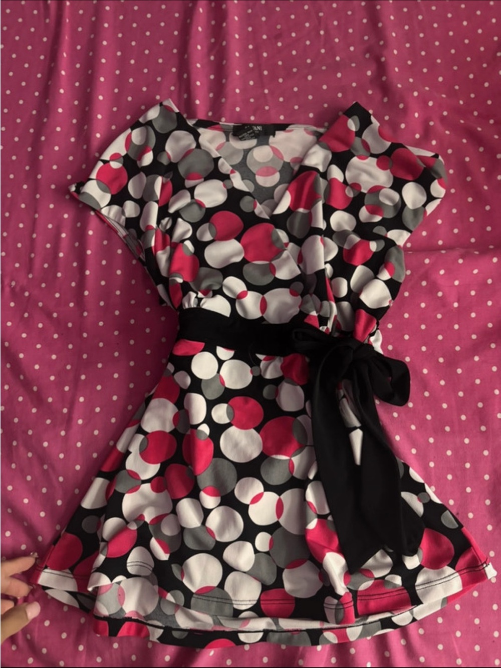 Alfani Black, Pink & White Polka Dot Wrap-Style Blouse